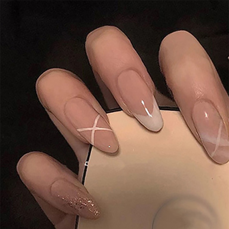Nail Art Glitter - Medium fake nails for women Nude