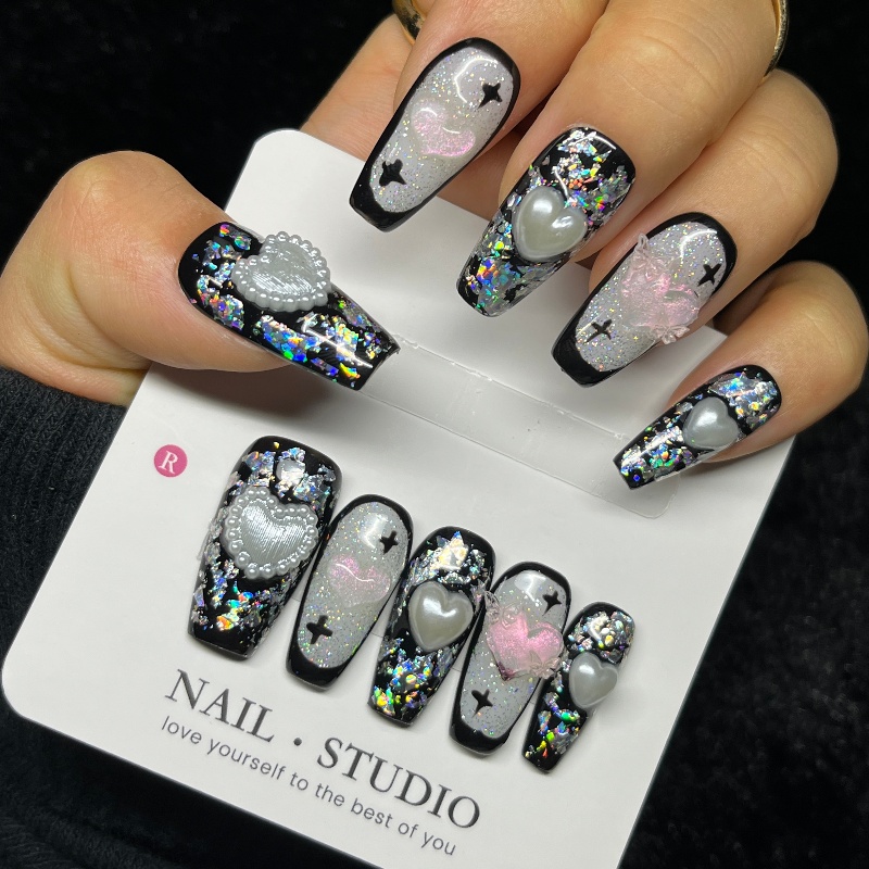 10PCS Gothic Black Press on Na - Nail Art Glitter 评论和价格
