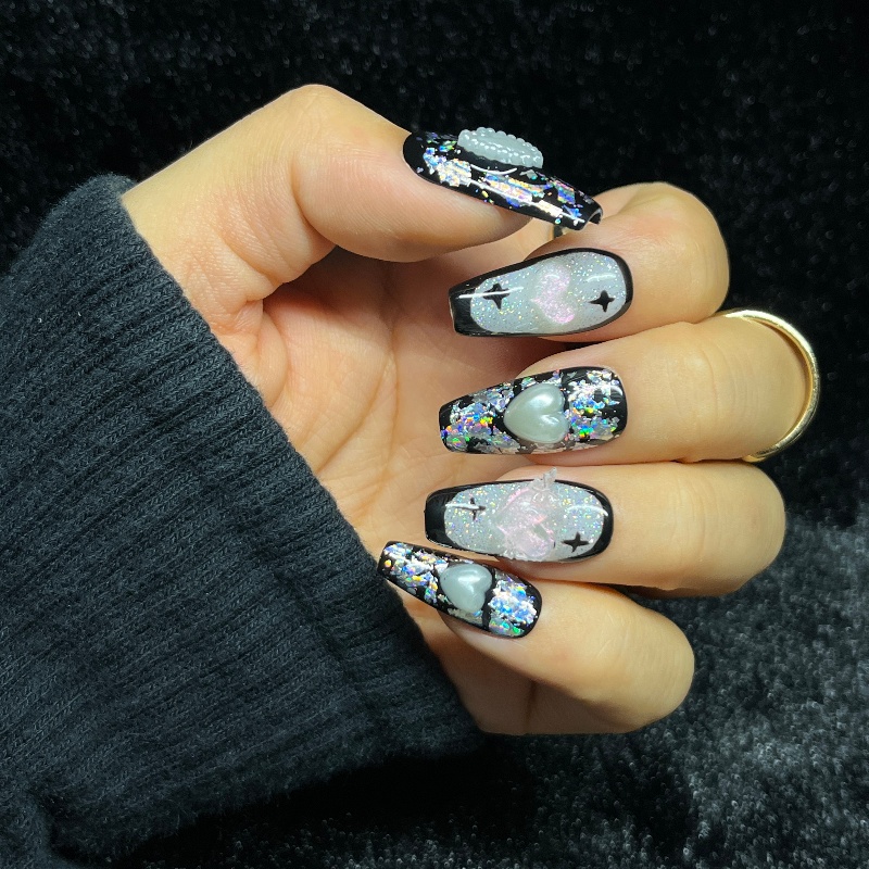 10PCS Gothic Black Press on Na - Nail Art Glitter 评论和价格