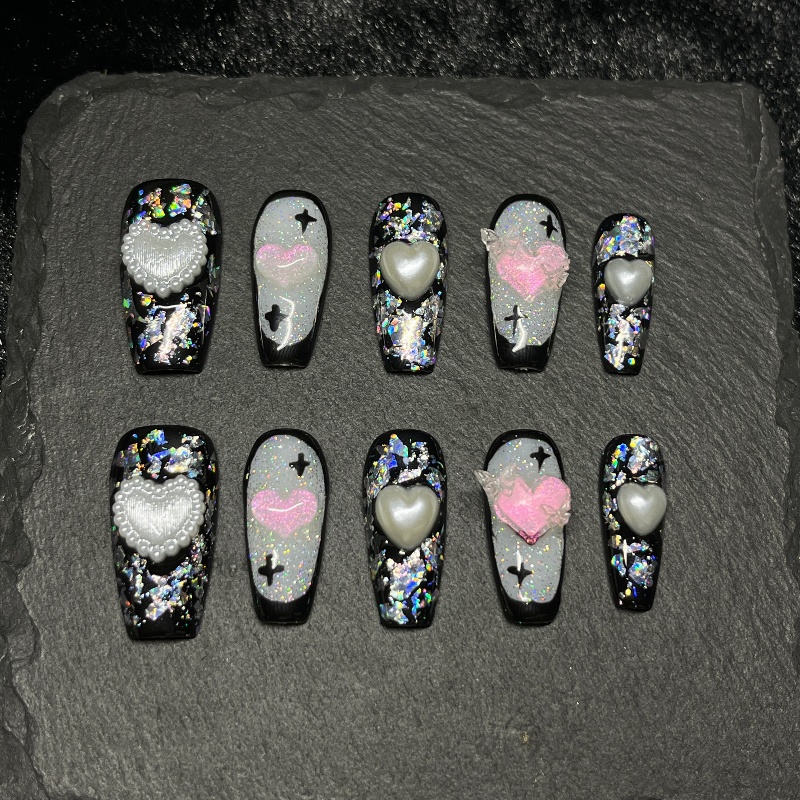10PCS Gothic Black Press on Na - Nail Art Glitter 评论和价格